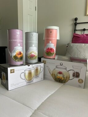 Teabloom Glass Teapot Set with Blooming Tea Canisters and Insulated Cups - Pink